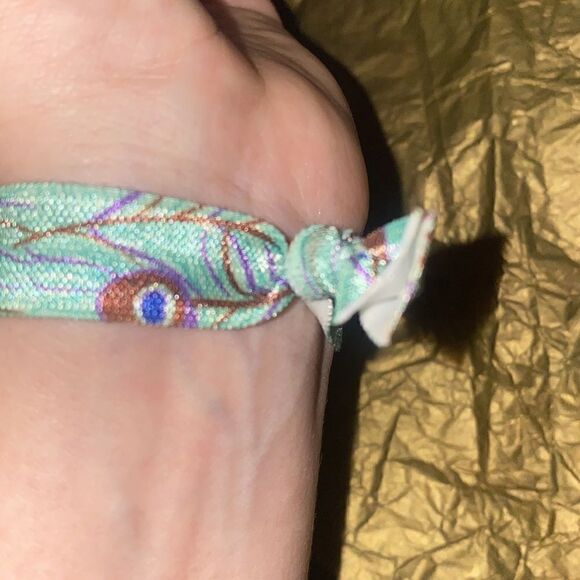 Turquoise Peacock Feather Rhinestone Charm Hair Tie Ponytail Holder Bracelet - Picture 5 of 5